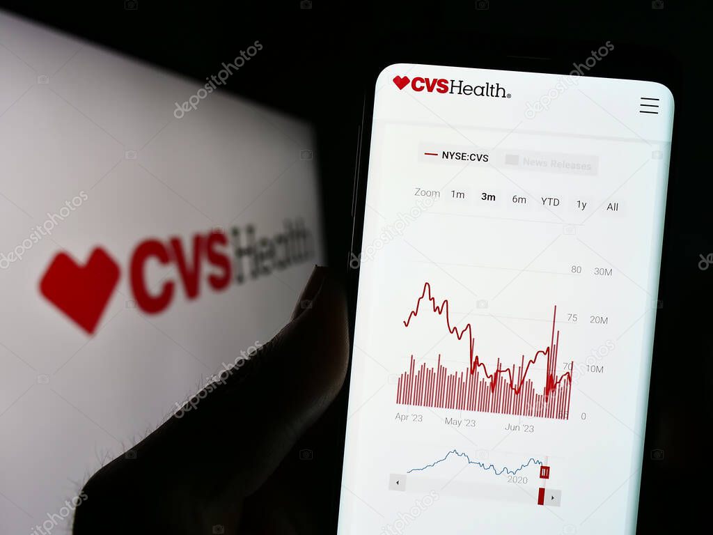 Stuttgart, Germany - 06-28-2023: Person holding cellphone with webpage of US healthcare company CVS Health Corporation on screen with logo. Focus on center of phone display.