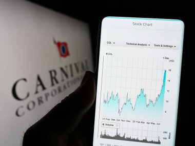 Stuttgart, Almanya - 06-25-2023: Seyahat şirketi Carnival Corporation plc 'in web sitesi olan akıllı telefonu logonun önünde ekranda tutan kişi. Telefon ekranının merkezine odaklan.