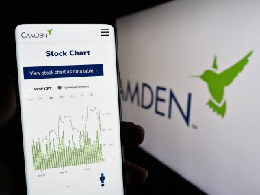 Stuttgart, Almanya - 06-25-2023: ABD 'li emlak şirketi Camden Property Trust' ın web sitesi ile cep telefonu tutan kişi logolu ekranda. Telefon ekranının merkezine odaklan.