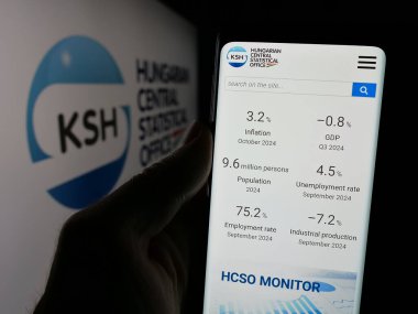 Stuttgart, Almanya - 11-25-2024: Macaristan Merkez İstatistik Dairesi 'nin (KSH) web sayfası logonun önünde cep telefonu tutan kişi. Telefon ekranının merkezine odaklan.