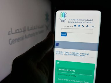 Stuttgart, Almanya - 11-22-2024: Suudi İstatistik Genel Müdürlüğü 'nün (GASTAT) web sayfası logolu akıllı telefon sahibi kişi. Telefon ekranının merkezine odaklan.