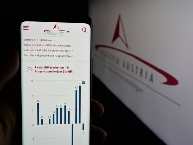 Stuttgart, Almanya - 11-25-2024: Federal istatistik bürosu Statistik Avusturya 'nın internet sayfası ile cep telefonu tutan kişi logolu ekranda. Telefon ekranının merkezine odaklan.