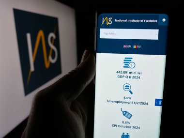 Stuttgart, Almanya - 11-25-2024: Romanya Ulusal İstatistik Enstitüsü 'nün (INS) İnternet sayfası logolu cep telefonu tutan kişi. Telefon ekranının merkezine odaklan.