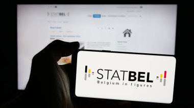 Stuttgart, Almanya - 11-24-2024: Belçika İstatistik Dairesi (Statbel) logosuna sahip cep telefonu web sayfası önünde ekranda. Telefon ekranına odaklan.