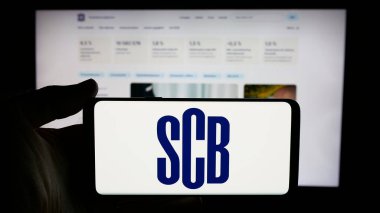 Stuttgart, Almanya - 11-24-2024: İnternet sayfası önünde üzerinde İstatistik Merkezi (İsveç İstatistik Bölümü, SCB) logosu bulunan kişi. Telefon ekranına odaklan.