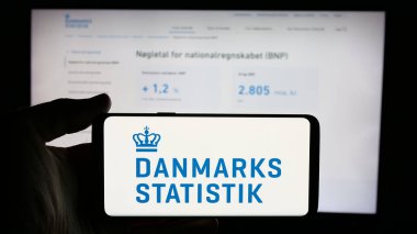 Stuttgart, Almanya - 11-24-2024: İnternet sayfası önünde Danimarka İstatistik (İstatistik, DST) logosu olan cep telefonu sahibi kişi. Telefon ekranına odaklan.