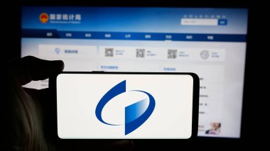 Stuttgart, Almanya - 11-21-2024: Çin Ulusal İstatistik Bürosu logosu logosu olan cep telefonu web sayfası önünde ekranda. Telefon ekranına odaklan.