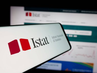 Stuttgart, Almanya - 11-21-2024: İnternet sitesi önünde ekranda İtalyan Istituto Nazionale di Statistica (Istat) logosu bulunan cep telefonu. Telefon ekranının merkez soluna odaklan.