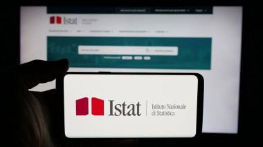 Stuttgart, Almanya - 11-21-2024: İnternet sayfasındaki ekranda İtalyan Istituto Nazionale di Statistica (Istat) logosunun bulunduğu cep telefonu sahibi kişi. Telefon ekranına odaklan.