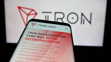 Stuttgart, Almanya - 11-20-2024: Merkezi olmayan TRON 'un web sitesi logonun önünde ekranda. Telefon ekranının sol üst kısmına odaklan.