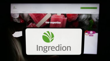 Stuttgart, Almanya - 11-26-2024: İş sayfası önünde ekranda ABD 'li malzeme şirketi Inthe Inc.' nin logosuyla cep telefonu tutan kişi. Telefon ekranına odaklan.