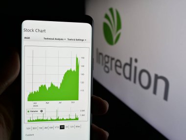 Stuttgart, Almanya - 11-26-2024: ABD 'li malzeme şirketi Inthe Inc.' nin web sayfası olan cep telefonu logonun önünde ekranda. Telefon ekranının merkezine odaklan.