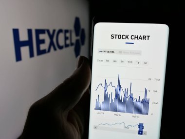 Stuttgart, Almanya - 11-26-2024: ABD 'li malzeme şirketi Hexcel Corporation' ın web sayfası olan cep telefonu logosu önünde ekranda. Telefon ekranının merkezine odaklan.