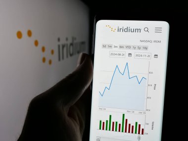 Stuttgart, Almanya - 11-28-2024: ABD 'li uydu şirketi Iridium Communications Inc.' in logo ile ekranda web sayfası bulunan kişi. Telefon ekranının merkezine odaklan.