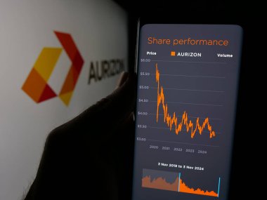 Stuttgart, Almanya - 11-28-2024: Avustralyalı nakliye şirketi Aurizon Holding Limited 'in web sayfası ile cep telefonu tutan kişi logolu ekranda. Telefon ekranının merkezine odaklan.