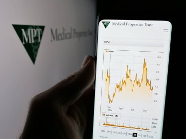 Stuttgart, Almanya - 12-03-2024: ABD 'li gayrimenkul şirketi Medical Properties Trust Inc.' in web sayfası ve logosu olan kişi. Telefon ekranının merkezine odaklan.