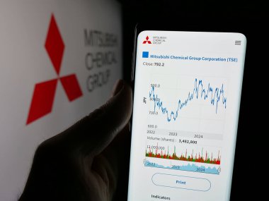 Stuttgart, Almanya - 12-05-2024: Mitsubishi Chemical Group Corporation şirketinin internet sayfası logo önünde ekranda. Telefon ekranının merkezine odaklan.