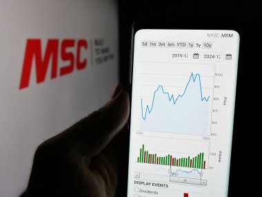 Stuttgart, Almanya - 12-06-2024: ABD 'li sanayi şirketi MSC Industrial Direct Co. Inc.' nin web sitesi ile akıllı telefon sahibi kişi logo ile ekranda. Telefon ekranının merkezine odaklan.