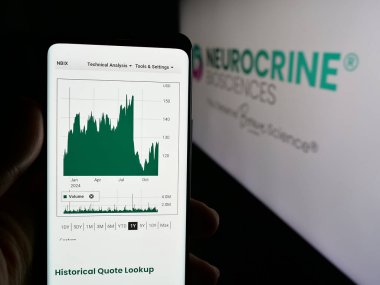 Stuttgart, Almanya - 12-06-2024: ABD 'li biyofizik şirketi Neurocrine Biosciences Inc.' in web sayfası bulunan cep telefonu logo ile ekranda. Telefon ekranının merkezine odaklan.