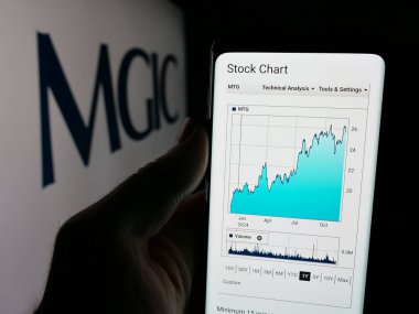 Stuttgart, Almanya - 12-06-2024: ABD 'li finans şirketi MGIC Investment Corporation' ın web sayfası ve logosu olan kişi. Telefon ekranının merkezine odaklan.