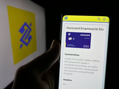 Stuttgart, Almanya - 12-13-2024: Brezilyalı bankacılık şirketi Banco do Brasil SA 'nın internet sayfası olan cep telefonu logosu önünde ekranda. Telefon ekranının merkezine odaklan.
