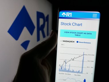 Stuttgart, Almanya - 12-20-2024: ABD 'li hasta deneyimi şirketi R1 RCM Inc.' nin web sayfası ile birlikte cep telefonu sahibi kişi logonun önünde ekranda. Telefon ekranının merkezine odaklan.