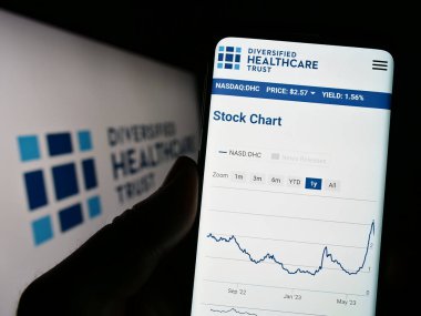 Stuttgart, Almanya - 06-18-2023: Emlak şirketi Diversified Healthcare Trust 'ın web sitesi ile akıllı telefonu olan kişi ekranda logolu. Telefon ekranının merkezine odaklan.