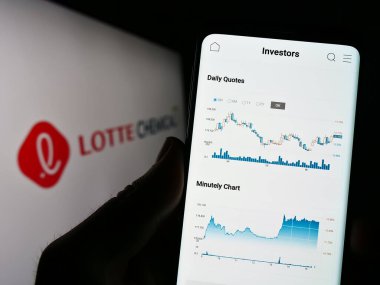 Stuttgart, Almanya - 06-19-2023: Koreli Lotte Kimya Şirketi 'nin internet sayfası ile logo önünde cep telefonu tutan kişi. Telefon ekranının merkezine odaklan.