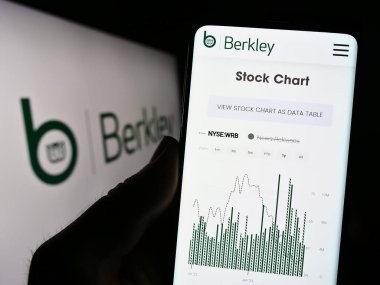 Stuttgart, Almanya - 06-24-2023: ABD 'li sigorta şirketi W. R. Berkley Corporation' ın internet sayfası ile akıllı telefon sahibi kişi ekranda logolu. Telefon ekranının merkezine odaklan.