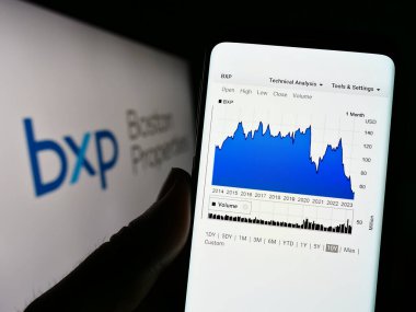 Stuttgart, Almanya - 06-24-2023: ABD 'li Boston Properties Inc. (BXP) şirketinin web sayfası logonun önünde duran kişi. Telefon ekranının merkezine odaklan.