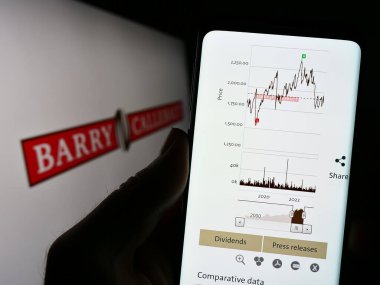 Stuttgart, Almanya - 04-24-2023: İsviçreli çikolata şirketi Barry Callebaut AG 'nin web sayfası ile logo önünde cep telefonu tutan kişi. Telefon ekranının merkezine odaklan.
