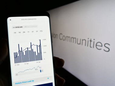 Stuttgart, Almanya - 04-28-2023: ABD 'li emlak şirketi AvalonBay Inc.' in web sayfası olan cep telefonu logonun önünde ekranda. Telefon ekranının merkezine odaklan.