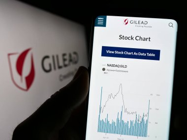 Stuttgart, Almanya - 06-17-2023: ABD 'li biyofarmasötik şirketi Gilead Sciences Inc.' in web sitesi olan cep telefonu logolu kişi ekranda. Telefon ekranının merkezine odaklan.