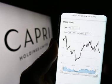 Stuttgart, Almanya - 06-17-2023: Moda şirketi Capri Holding Limited 'in internet sitesi olan cep telefonu logosu önünde ekranda. Telefon ekranının merkezine odaklan.