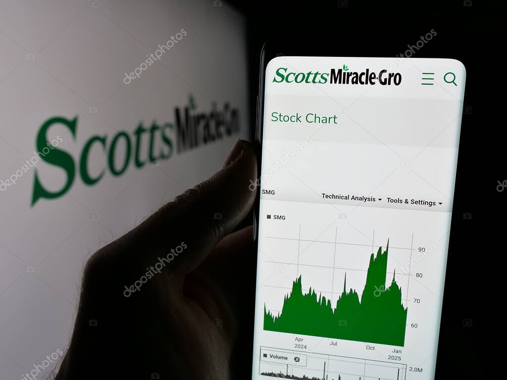 Stuttgart, Germany - 01-07-2024: Person holding cellphone with webpage of US business The Scotts Miracle-Gro Company on screen in front of logo. Focus on center of phone display.