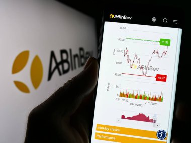 Stuttgart, Almanya - 04-04-2023: Biralama şirketi Anheuser-Busch InBev 'in (AB InBev) web sitesiyle akıllı telefon sahibi olan kişi ekranda logolu. Telefon ekranının merkezine odaklan.