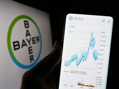 Stuttgart, Almanya - 04-16-2023: Alman ilaç firması Bayer AG 'nin web sitesi ile birlikte logo önünde cep telefonu tutan kişi. Telefon ekranının merkezine odaklan.
