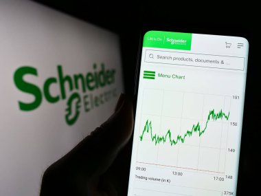 Stuttgart, Almanya - 04-16-2023: Fransız Schneider Electric SE şirketinin web sitesi ile birlikte logo önünde cep telefonu tutan kişi. Telefon ekranının merkezine odaklan.