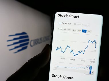 Stuttgart, Almanya - 04-21-2023: ABD 'li yarı iletken sirket Cirrus Logic Inc.' in web sitesi ile cep telefonu tutan kişi logonun önünde ekranda. Telefon ekranının merkezine odaklan.