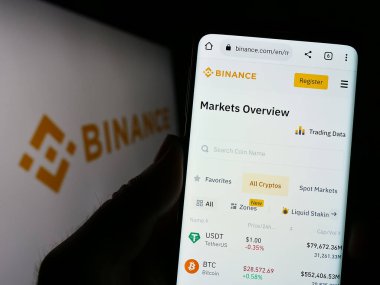 Stuttgart, Almanya - 03-31-2023: Kripto döviz şirketi Binance Holding Ltd. 'nin web sitesi olan cep telefonunu ekranda logoyla tutan kişi. Telefon ekranının merkezine odaklan.