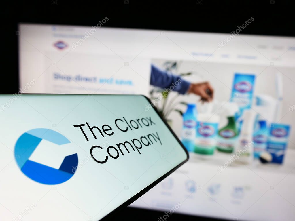 Stuttgart, Germany - 03-31-2023: Mobile phone with logo of American chemicals manufacturer Clorox Company on screen in front of website. Focus on center-left of phone display.