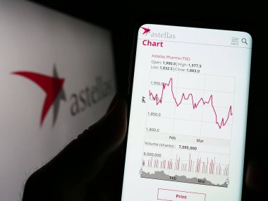 Stuttgart, Almanya - 04-01-2023: Eczacılık şirketi Astellas Pharma Inc. 'in internet sayfası olan cep telefonu logosu önünde ekranda. Telefon ekranının merkezine odaklan.