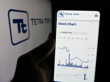 Stuttgart, Almanya - 01-15-2025: ABD 'li mühendislik şirketi Tetra Tech Inc.' in web sayfası ile logo önünde cep telefonu tutan kişi. Telefon ekranının merkezine odaklan.