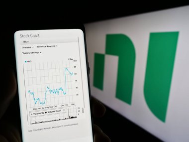 Stuttgart, Almanya - 03-23-2023: National Instruments Corporation (NI) şirketinin internet sayfası ile cep telefonu tutan kişi logolu ekranda. Telefon ekranının merkezine odaklan.