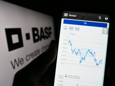 Stuttgart, Almanya - 03-25-2023: Alman kimya şirketi BASF SE 'nin internet sayfası olan cep telefonu sahibi iş logosu önünde ekranda. Telefon ekranının merkezine odaklan.
