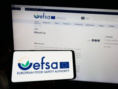 Stuttgart, Almanya - 03-25-2023: İnternet sitesi önünde AB Gıda Güvenliği Dairesi (EFSA) logosuna sahip akıllı telefon sahibi kişi. Telefon ekranına odaklan.