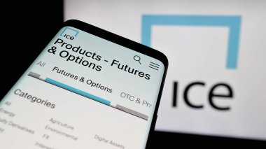 Stuttgart, Almanya - 01-23-2025: İş logosu önünde ABD 'li Intercontinental Exchange Inc. (ICE) şirketinin web sitesi bulunan cep telefonu. Telefon ekranının sol üst kısmına odaklan.