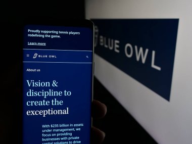Stuttgart, Almanya - 01-30-2025: ABD 'li yatırım şirketi Blue Owl Capital Inc.' in web sayfası ile akıllı telefon sahibi kişi logonun önünde ekranda. Telefon ekranının merkezine odaklan.