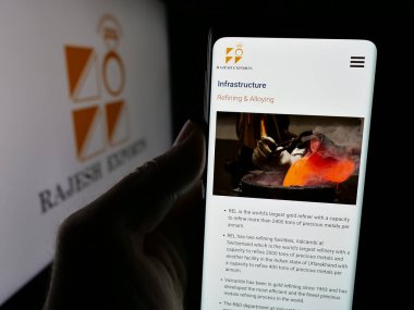 Stuttgart, Almanya - 03-13-2025: Üzerinde Hint altın şirketi Rajesh Exports Limited 'in logosu bulunan web sayfası logonun önünde. Telefon ekranının merkezine odaklan.