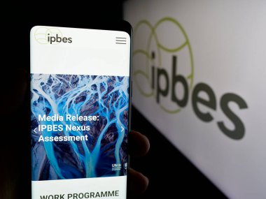 Stuttgart, Almanya - 03-07-2025: Hükümetler arası örgüt IPBES 'in web sayfası olan cep telefonu logosu önünde ekranda. Telefon ekranının merkezine odaklan.